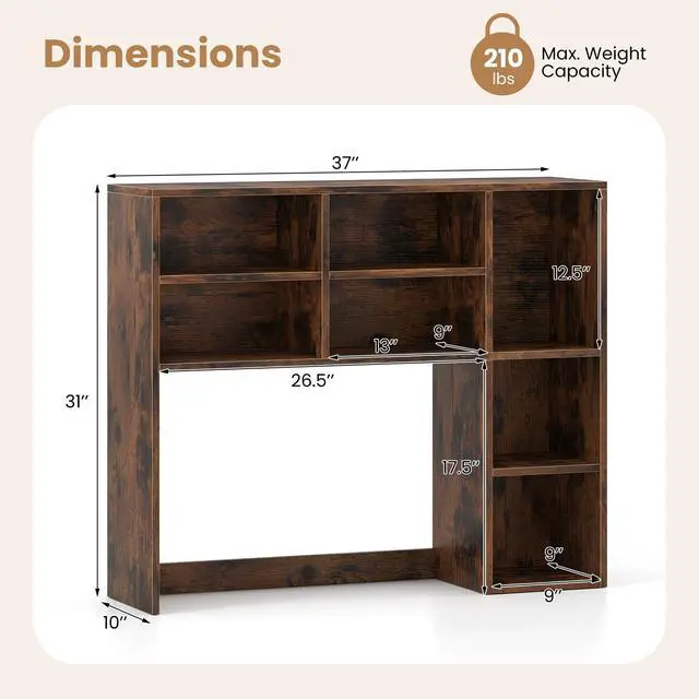 Alt view image 3 of 7 - Wooden Desktop Bookshelf, Countertop Desk Hutch w/ 7 Cubes & Adjustable Shelves, Anti-toppling Kits, Table Top Organizer Shelf Fits Monitors up to 27 for Dorm, Office, Study (Rustic Brown)