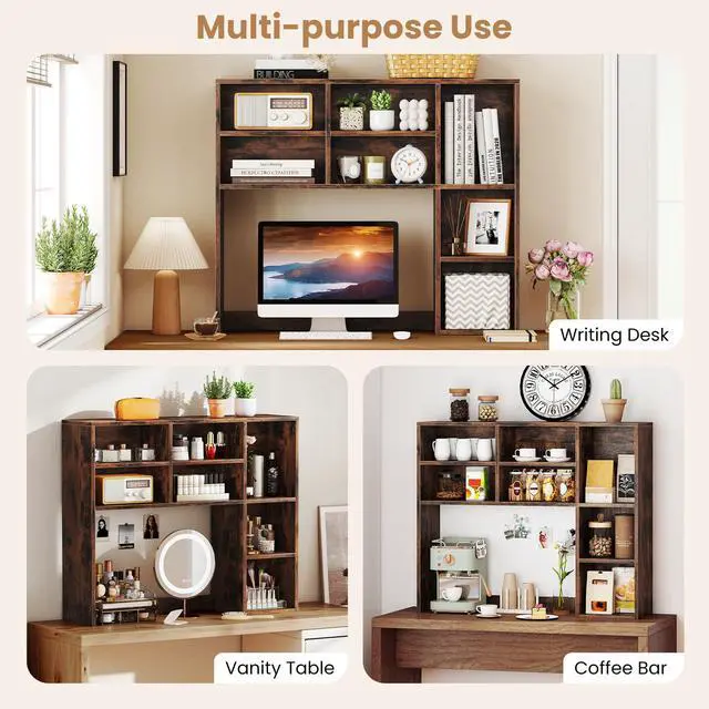 Alt view image 4 of 7 - Wooden Desktop Bookshelf, Countertop Desk Hutch w/ 7 Cubes & Adjustable Shelves, Anti-toppling Kits, Table Top Organizer Shelf Fits Monitors up to 27 for Dorm, Office, Study (Rustic Brown)