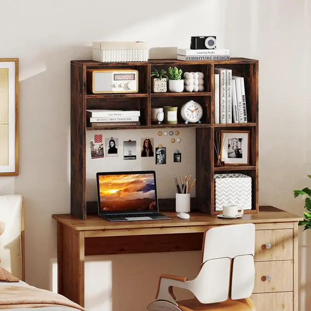Alt view image 2 of 7 - Wooden Desktop Bookshelf, Countertop Desk Hutch w/ 7 Cubes & Adjustable Shelves, Anti-toppling Kits, Table Top Organizer Shelf Fits Monitors up to 27 for Dorm, Office, Study (Rustic Brown)