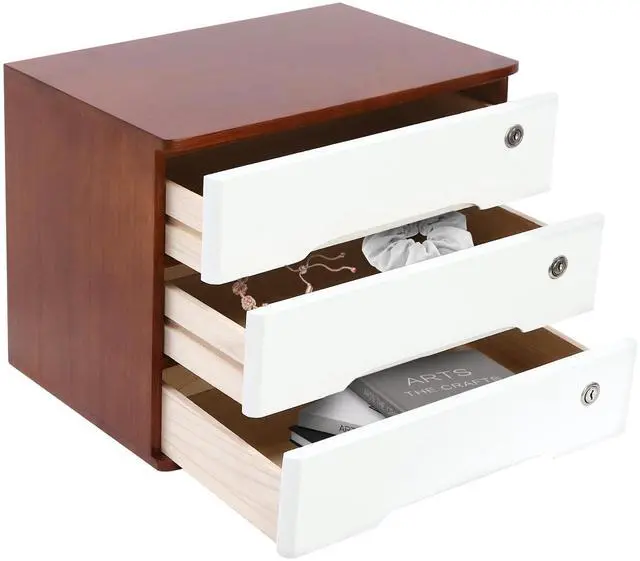 Main image of Desk Organizer with 3 Drawers, Wooden Desktop Storage Cabinet File Holder with Locks and Keys, Storage Organizer Filing Case for Office Bedroom Home, L15.8*W11*H12.2in, Walnut & White