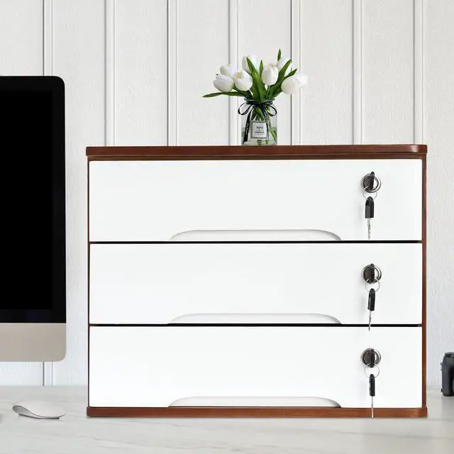 Alt view image 2 of 7 - Desk Organizer with 3 Drawers, Wooden Desktop Storage Cabinet File Holder with Locks and Keys, Storage Organizer Filing Case for Office Bedroom Home, L15.8*W11*H12.2in, Walnut & White