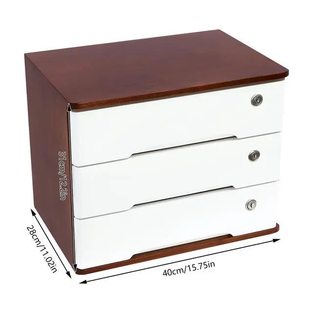 Alt view image 3 of 7 - Wood Desk Organizer with 3 Drawers, Lockable Desktop Countertop Storage Cabinet for Home Office Supplies File Tabletop Organizing Unit, 15.75" x 11.02" x 12.2" (Dark Brown + White)