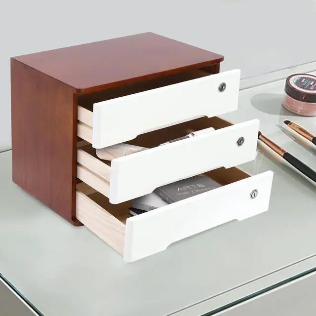 Alt view image 4 of 7 - Desk Organizer with 3 Drawers, Wooden Desktop Storage Cabinet File Holder with Locks and Keys, Storage Organizer Filing Case for Office Bedroom Home, L15.8*W11*H12.2in, Walnut & White