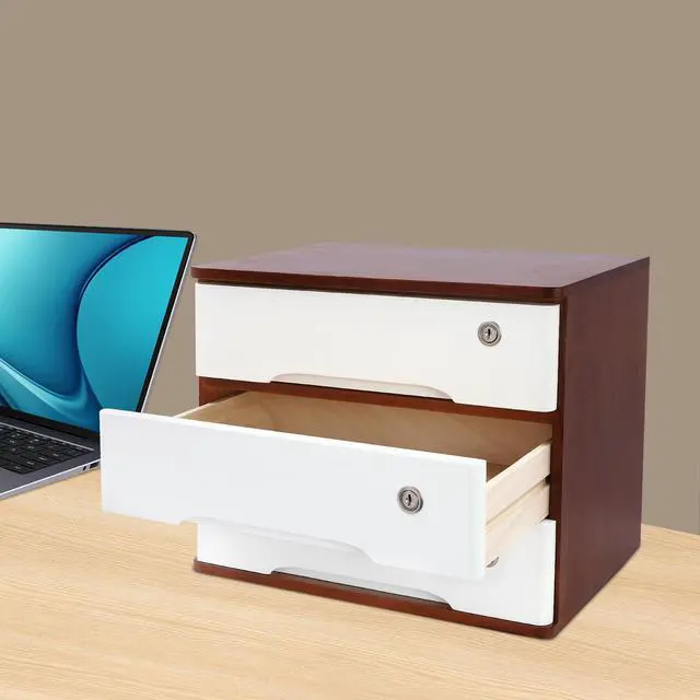 Alt view image 5 of 7 - Desk Organizer with 3 Drawers, Wooden Desktop Storage Cabinet File Holder with Locks and Keys, Storage Organizer Filing Case for Office Bedroom Home, L15.8*W11*H12.2in, Walnut & White