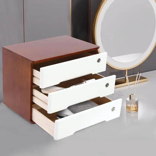 Alt view image 6 of 7 - Desk Organizer with 3 Drawers, Wooden Desktop Storage Cabinet File Holder with Locks and Keys, Storage Organizer Filing Case for Office Bedroom Home, L15.8*W11*H12.2in, Walnut & White