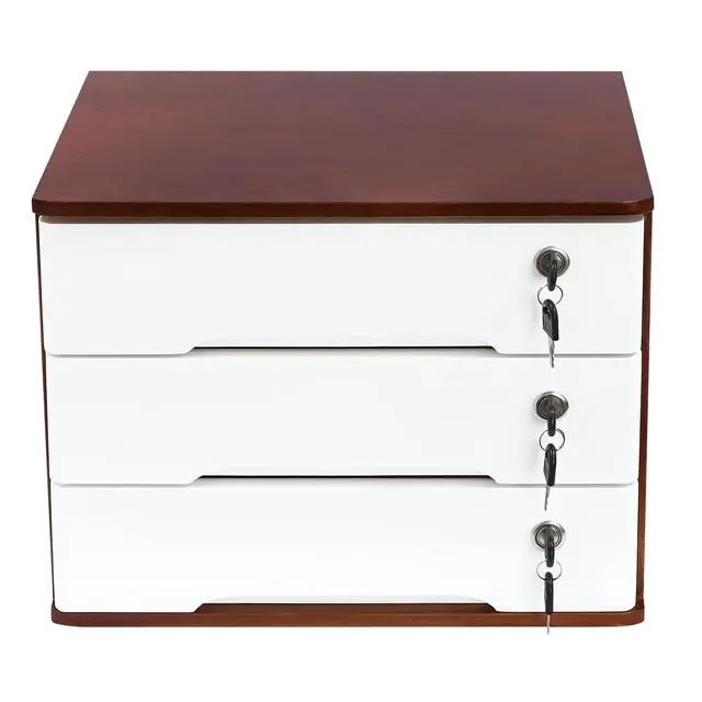 Alt view image 7 of 7 - Desk Organizer with 3 Drawers, Wooden Desktop Storage Cabinet File Holder with Locks and Keys, Storage Organizer Filing Case for Office Bedroom Home, L15.8*W11*H12.2in, Walnut & White