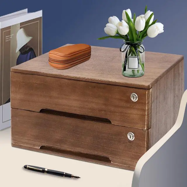 Alt view image 2 of 7 - Desk Organizer with 2 Drawers, Wooden Desktop Storage Cabinet File Holder with Locks and Keys, Storage Organizer Filing Case for Office Bedroom Home, L15.8*W11*H8.7in, Walnut