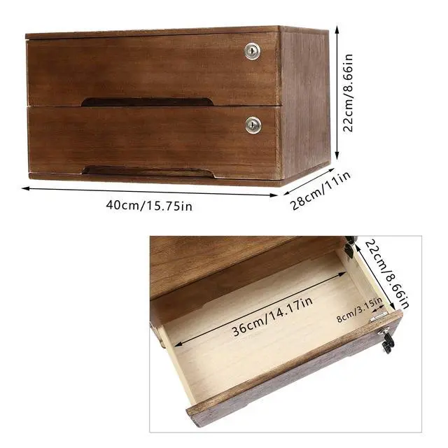 Alt view image 3 of 7 - 2 Drawer Small Vintage Style Wooden Storage Organizer with Lock for Accessories - Rustic Decorative Box for Office, Desktop Countertop and Incense Storage