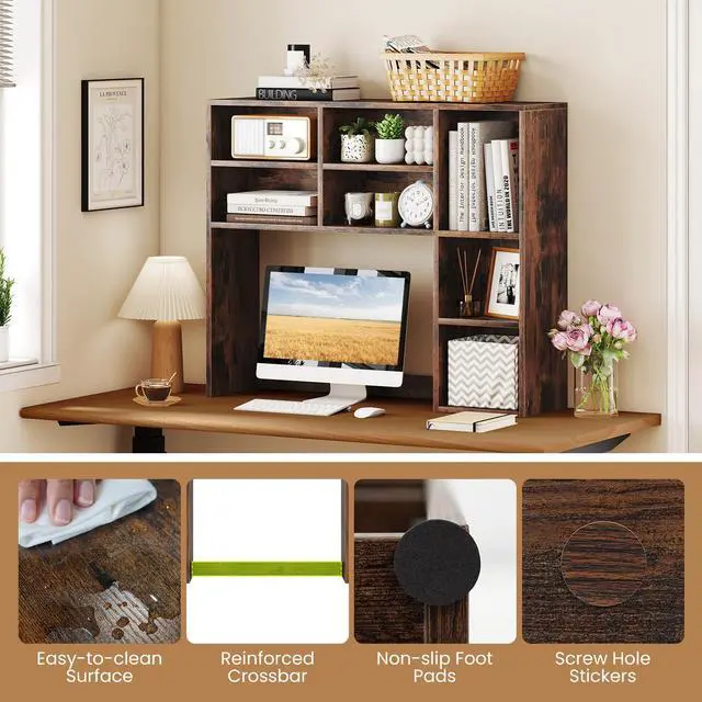 Alt view image 5 of 7 - Wooden Desktop Bookshelf, Countertop Desk Hutch w/ 7 Cubes & Adjustable Shelves, Anti-toppling Kits, Table Top Organizer Shelf Fits Monitors up to 27 for Dorm, Office, Study (Rustic Brown)