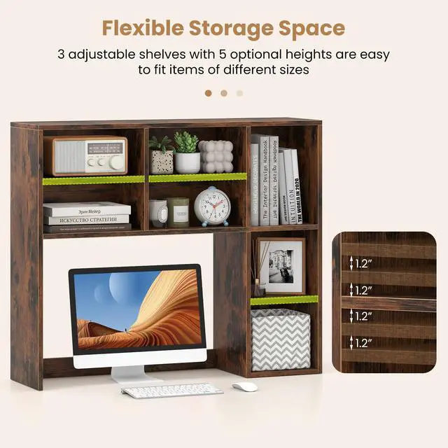 Alt view image 7 of 7 - Wooden Desktop Bookshelf, Countertop Desk Hutch w/ 7 Cubes & Adjustable Shelves, Anti-toppling Kits, Table Top Organizer Shelf Fits Monitors up to 27 for Dorm, Office, Study (Rustic Brown)