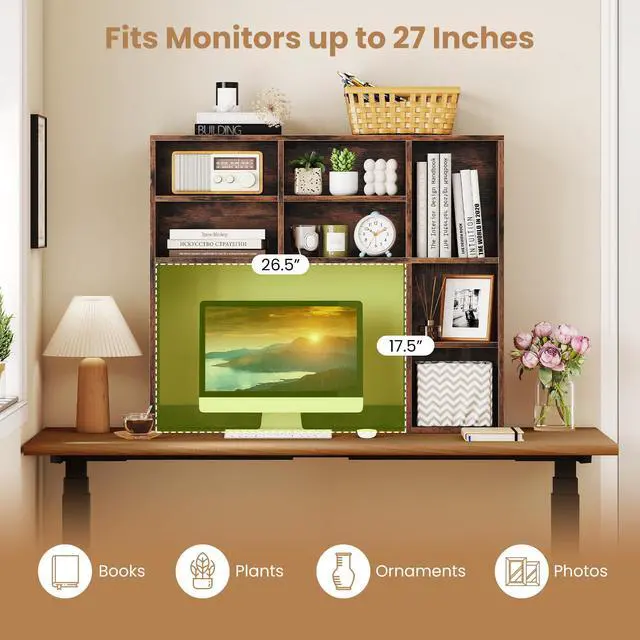 Alt view image 6 of 7 - Wooden Desktop Bookshelf, Countertop Desk Hutch w/ 7 Cubes & Adjustable Shelves, Anti-toppling Kits, Table Top Organizer Shelf Fits Monitors up to 27 for Dorm, Office, Study (Rustic Brown)