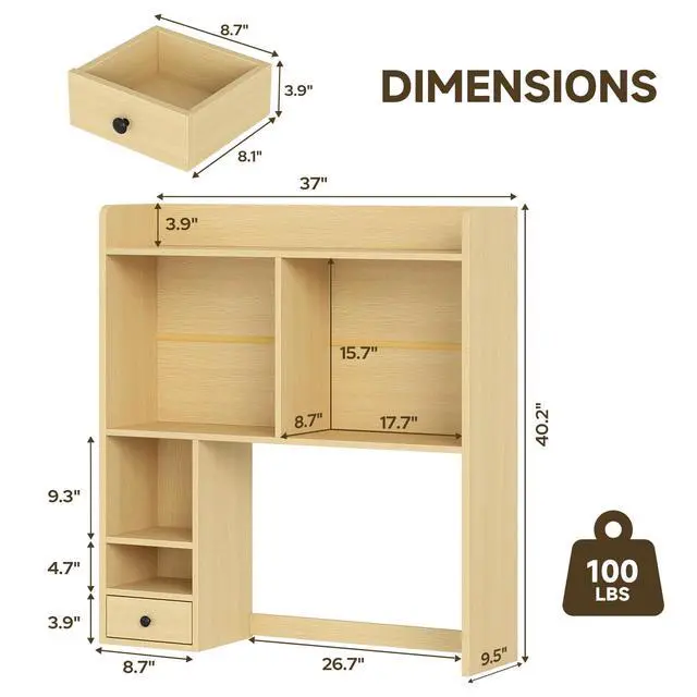Alt view image 2 of 7 - Desktop Bookshelf for 27" Monitor, Space-Saving Engineered Wood Desk Hutch Organizer with Adjustable Shelves & Drawer, Clutter-Free Tabletop Bookcase for Dorm & Home Office, Natural