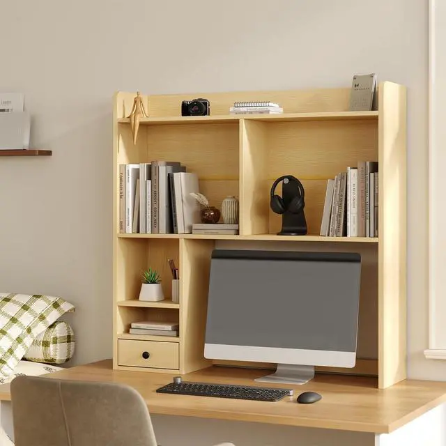 Alt view image 3 of 7 - Desktop Bookshelf for 27" Monitor, Space-Saving Engineered Wood Desk Hutch Organizer with Adjustable Shelves & Drawer, Clutter-Free Tabletop Bookcase for Dorm & Home Office, Natural