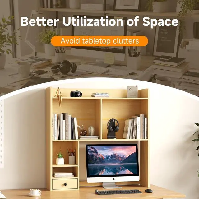 Alt view image 4 of 7 - Desktop Bookshelf for 27" Monitor, Space-Saving Engineered Wood Desk Hutch Organizer with Adjustable Shelves & Drawer, Clutter-Free Tabletop Bookcase for Dorm & Home Office, Natural
