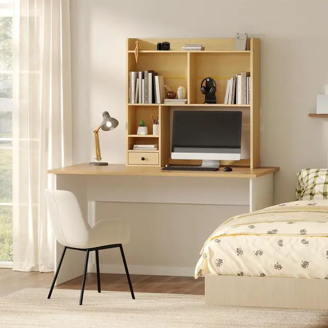 Alt view image 7 of 7 - Desktop Bookshelf for 27" Monitor, Space-Saving Engineered Wood Desk Hutch Organizer with Adjustable Shelves & Drawer, Clutter-Free Tabletop Bookcase for Dorm & Home Office, Natural