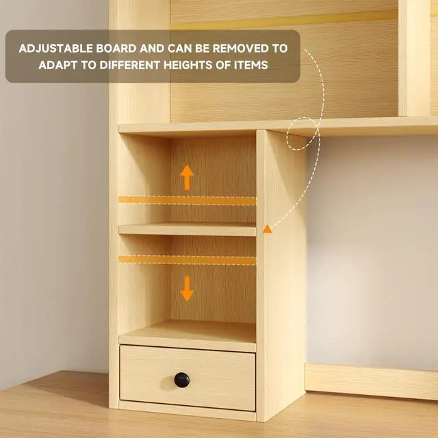 Alt view image 6 of 7 - Desktop Bookshelf for 27" Monitor, Space-Saving Engineered Wood Desk Hutch Organizer with Adjustable Shelves & Drawer, Clutter-Free Tabletop Bookcase for Dorm & Home Office, Natural