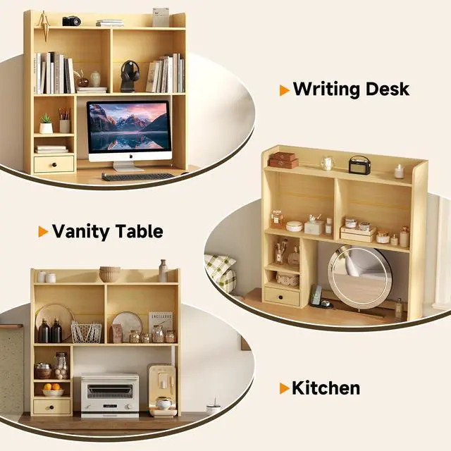 Alt view image 5 of 7 - Desktop Bookshelf for 27" Monitor, Space-Saving Engineered Wood Desk Hutch Organizer with Adjustable Shelves & Drawer, Clutter-Free Tabletop Bookcase for Dorm & Home Office, Natural