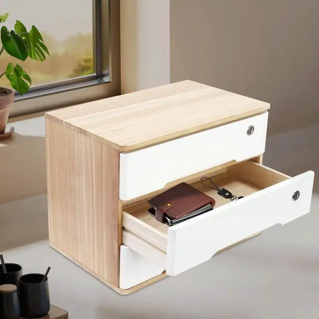 Alt view image 2 of 7 - Desk Organizer with 3 Drawers, Wooden Desktop Storage Cabinet File Holder with Locks and Keys, Storage Organizer Filing Case for Office Bedroom Home, L15.8*W11*H12.2in, Wood & White