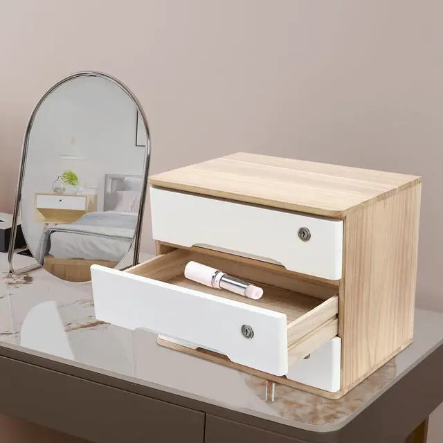 Alt view image 5 of 7 - Desk Organizer with 3 Drawers, Wooden Desktop Storage Cabinet File Holder with Locks and Keys, Storage Organizer Filing Case for Office Bedroom Home, L15.8*W11*H12.2in, Wood & White