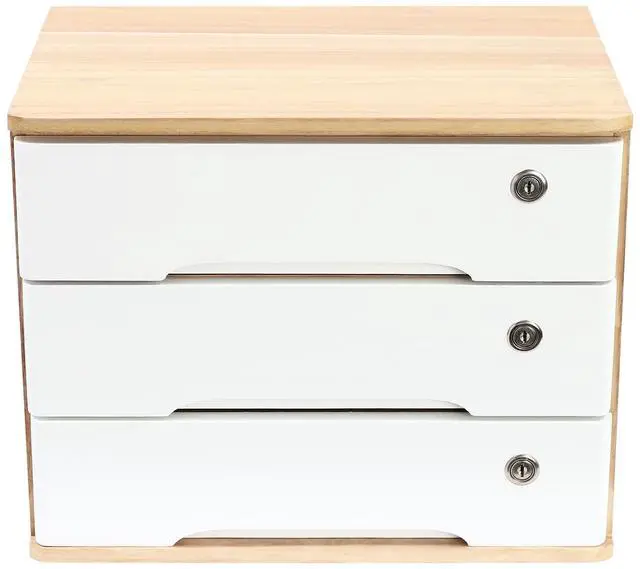 Main image of Desk Organizer with 3 Drawers, Wooden Desktop Storage Cabinet File Holder with Locks and Keys, Storage Organizer Filing Case for Office Bedroom Home, L15.8*W11*H12.2in, Wood & White