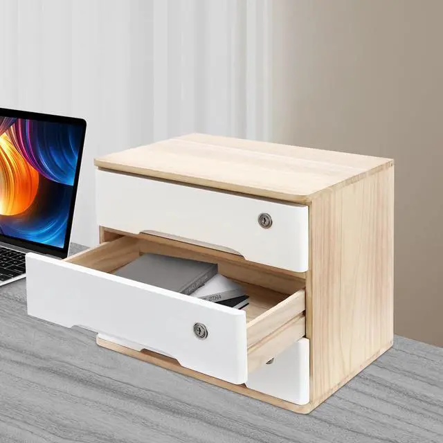 Alt view image 6 of 7 - Desk Organizer with 3 Drawers, Wooden Desktop Storage Cabinet File Holder with Locks and Keys, Storage Organizer Filing Case for Office Bedroom Home, L15.8*W11*H12.2in, Wood & White
