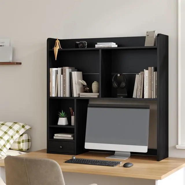 Alt view image 3 of 7 - Desktop Bookshelf for 27" Monitor, Space-Saving Engineered Wood Desk Hutch Organizer with Adjustable Shelves & Drawer, Clutter-Free Tabletop Bookcase for Dorm & Home Office, Black