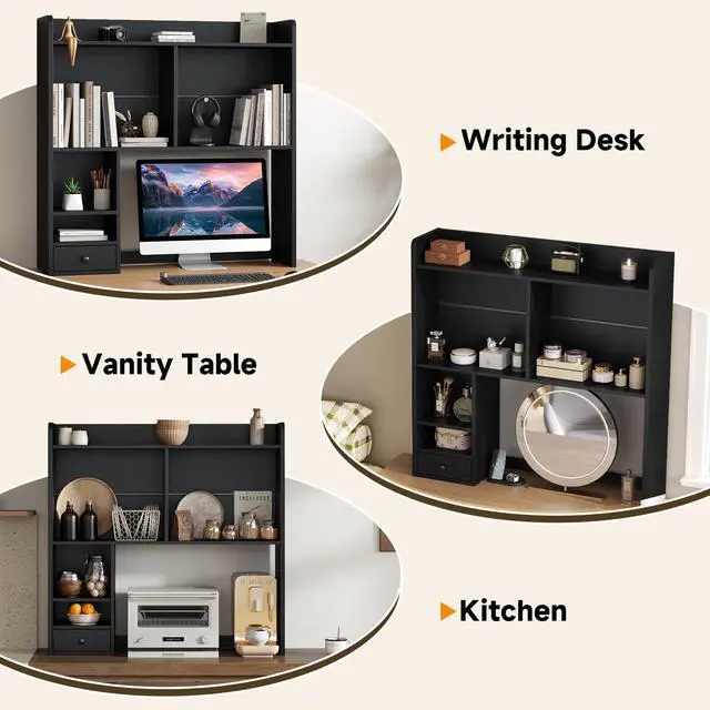 Alt view image 5 of 7 - Desktop Bookshelf for 27" Monitor, Space-Saving Engineered Wood Desk Hutch Organizer with Adjustable Shelves & Drawer, Clutter-Free Tabletop Bookcase for Dorm & Home Office, Black