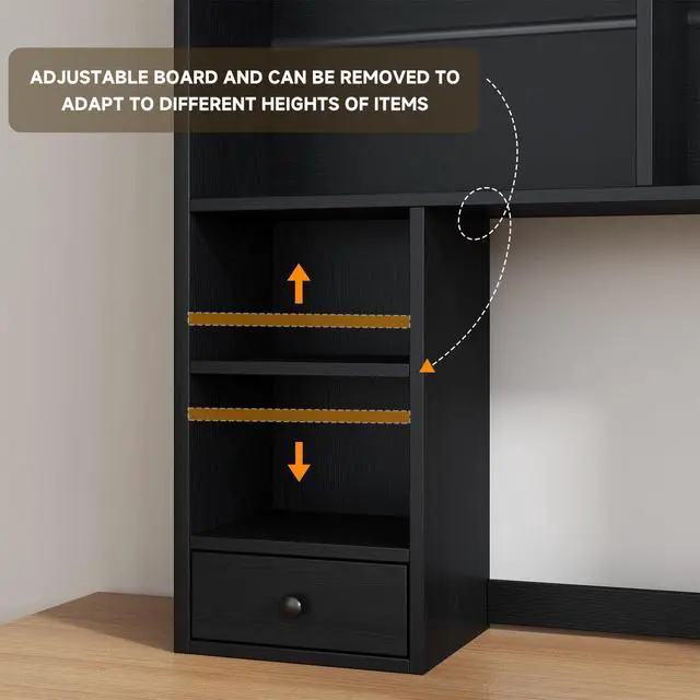 Alt view image 6 of 7 - Desktop Bookshelf for 27" Monitor, Space-Saving Engineered Wood Desk Hutch Organizer with Adjustable Shelves & Drawer, Clutter-Free Tabletop Bookcase for Dorm & Home Office, Black