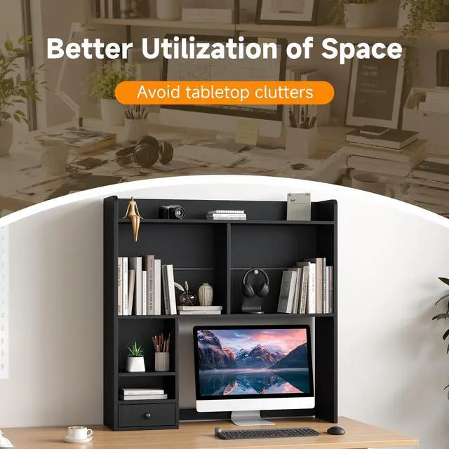 Alt view image 4 of 7 - Desktop Bookshelf for 27" Monitor, Space-Saving Engineered Wood Desk Hutch Organizer with Adjustable Shelves & Drawer, Clutter-Free Tabletop Bookcase for Dorm & Home Office, Black