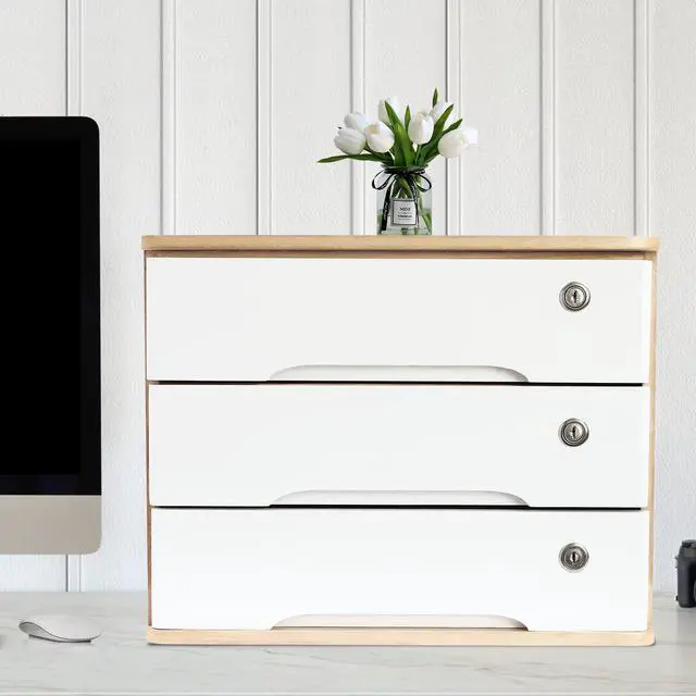 Alt view image 4 of 7 - Desk Organizer with 3 Drawers, Wooden Desktop Storage Cabinet File Holder with Locks and Keys, Storage Organizer Filing Case for Office Bedroom Home, L15.8*W11*H12.2in, Wood & White