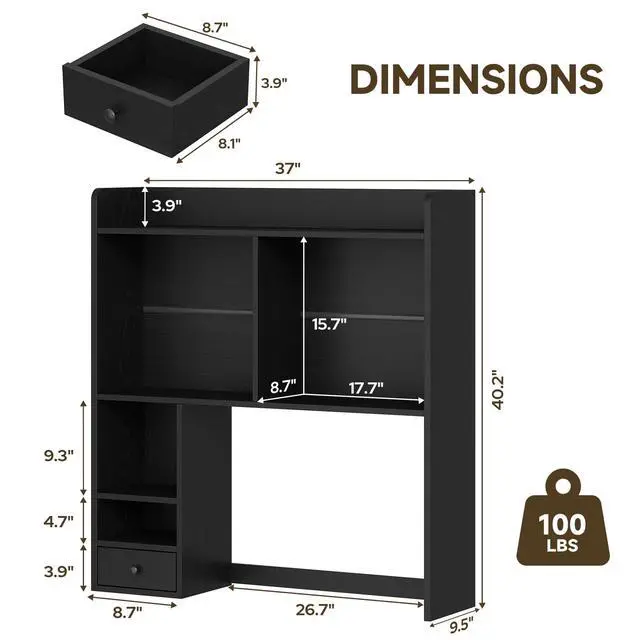 Alt view image 2 of 7 - Desktop Bookshelf for 27" Monitor, Space-Saving Engineered Wood Desk Hutch Organizer with Adjustable Shelves & Drawer, Clutter-Free Tabletop Bookcase for Dorm & Home Office, Black