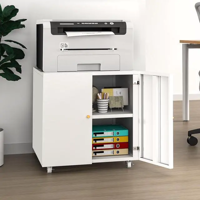 Main image of Printer Stand with Storage Cabinet with Wheels,3D Heavy Duty Metal Large Printer Table with Adjustable Shelf for Home Office, Mobile Printer Cart,White,23.6" H