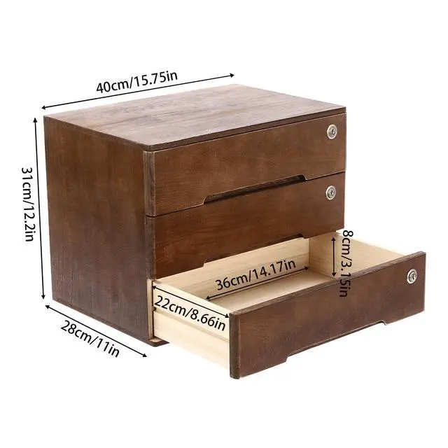 Alt view image 3 of 7 - Wooden Storage Box with 3 Drawers, Vintage Office Supplies and Accessories Letter Tray, Wood Desktop School Supply Organizer, Library Card Catalog Cabinet, Rustic Jewelry Box with Lock