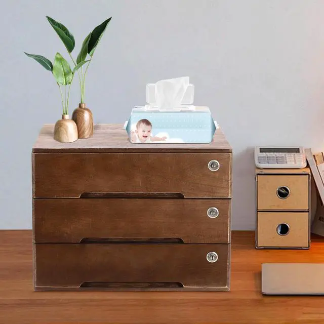 Alt view image 5 of 7 - Desk Organizer with 3 Drawers, Wooden Desktop Storage Cabinet File Holder with Locks and Keys, Storage Organizer Filing Case for Office Bedroom Home, L15.8*W11*H12.2in, Walnut