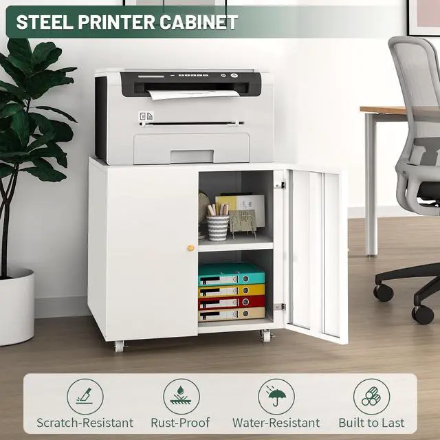 Alt view image 6 of 6 - Printer Stand with Storage Cabinet with Wheels,3D Heavy Duty Metal Large Printer Table with Adjustable Shelf for Home Office, Mobile Printer Cart,White,23.6" H