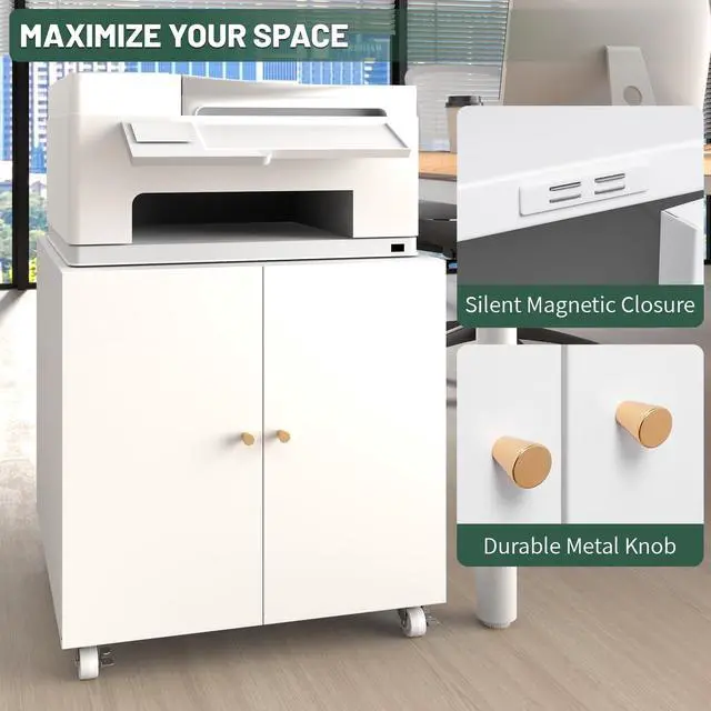 Alt view image 4 of 6 - Printer Stand with Storage Cabinet with Wheels,3D Heavy Duty Metal Large Printer Table with Adjustable Shelf for Home Office, Mobile Printer Cart,White,23.6" H