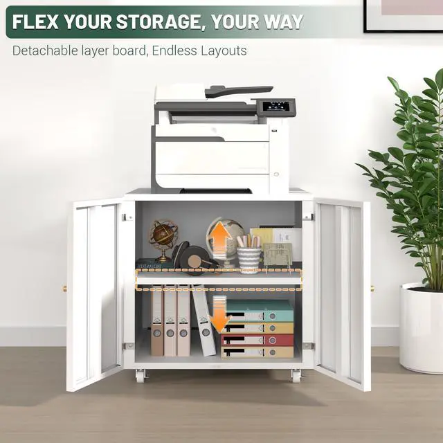Alt view image 5 of 6 - Printer Stand with Storage Cabinet with Wheels,3D Heavy Duty Metal Large Printer Table with Adjustable Shelf for Home Office, Mobile Printer Cart,White,23.6" H