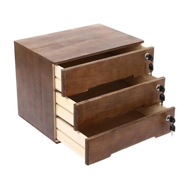 Alt view image 7 of 7 - Desk Organizer with 3 Drawers, Wooden Desktop Storage Cabinet File Holder with Locks and Keys, Storage Organizer Filing Case for Office Bedroom Home, L15.8*W11*H12.2in, Walnut