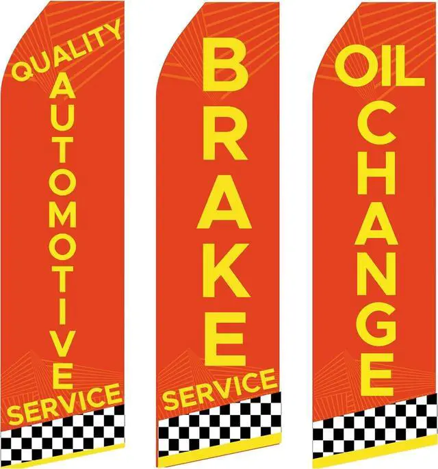 Main image of Automotive Service Oil Change Brake Service King Flags Pack of 3 | 3 ft x 11.5 ft Outdoor Advertising Feather Flags for Auto Shops | Weatherproof Polyester Business Banners (Hardware Not Included)
