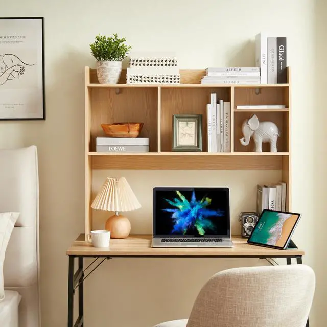 Alt view image 5 of 6 - Desktop Bookshelf, Wooden Desk Storage Hutch with 6 Shelves for Computer Desk, 3-Tier Desktop Display Organizer Rack for Office Home (Natural)
