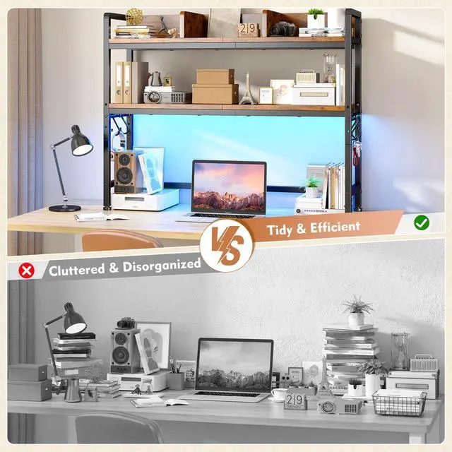 Alt view image 6 of 7 - 2-Tier Desk Shelf with LED for Bedroom and Home Office, Rustic Brown | Students & Renters, Wood & Steel, Holds 44 lbs & 33 lbs per Tier, Adjustable Shelf, Anti-tip & 4 Hooks