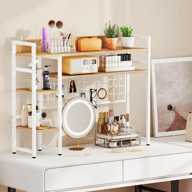 Alt view image 5 of 7 - Desktop Bookshelf for Computer Monitor Up to 32, Countertop Storage Hutch with 4 Open Storage Shelves, Grid Panel, Anti-tip Device, 4-Tier Desktop Display Shelves for Home Office (Natural)