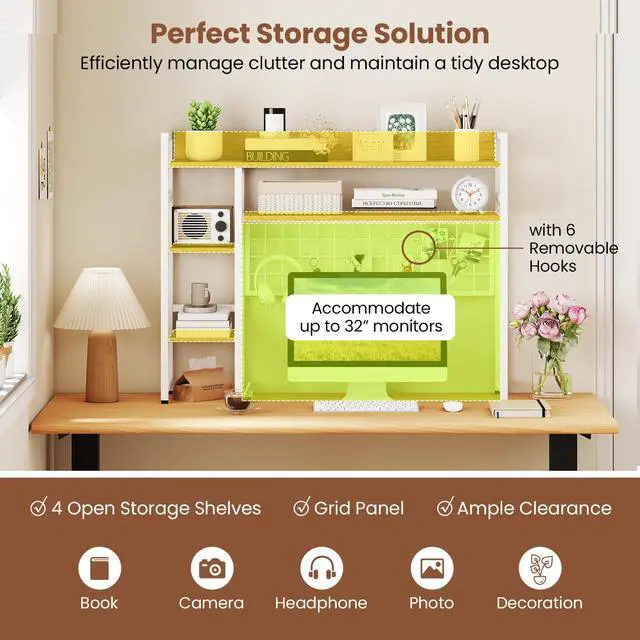 Alt view image 6 of 7 - Desktop Bookshelf for Computer Monitor Up to 32, Countertop Storage Hutch with 4 Open Storage Shelves, Grid Panel, Anti-tip Device, 4-Tier Desktop Display Shelves for Home Office (Natural)
