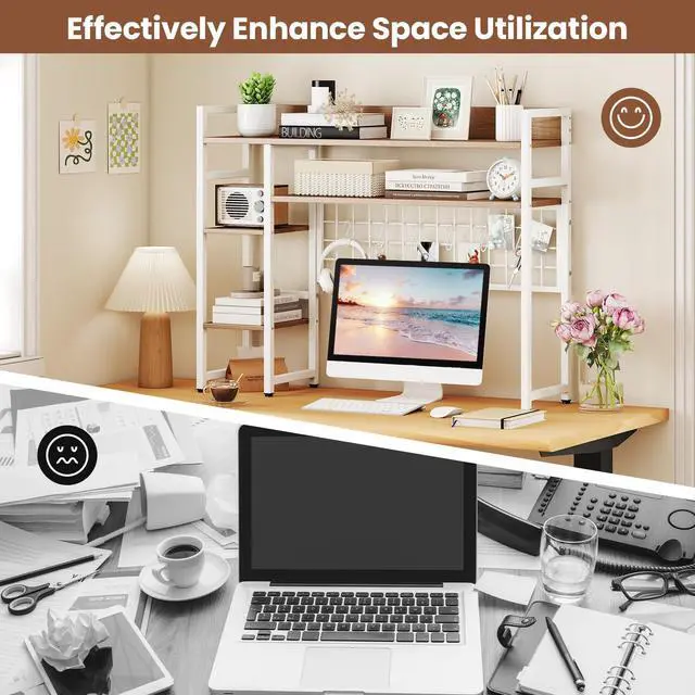 Alt view image 7 of 7 - Desktop Bookshelf for Computer Monitor Up to 32, Countertop Storage Hutch with 4 Open Storage Shelves, Grid Panel, Anti-tip Device, 4-Tier Desktop Display Shelves for Home Office (Natural)