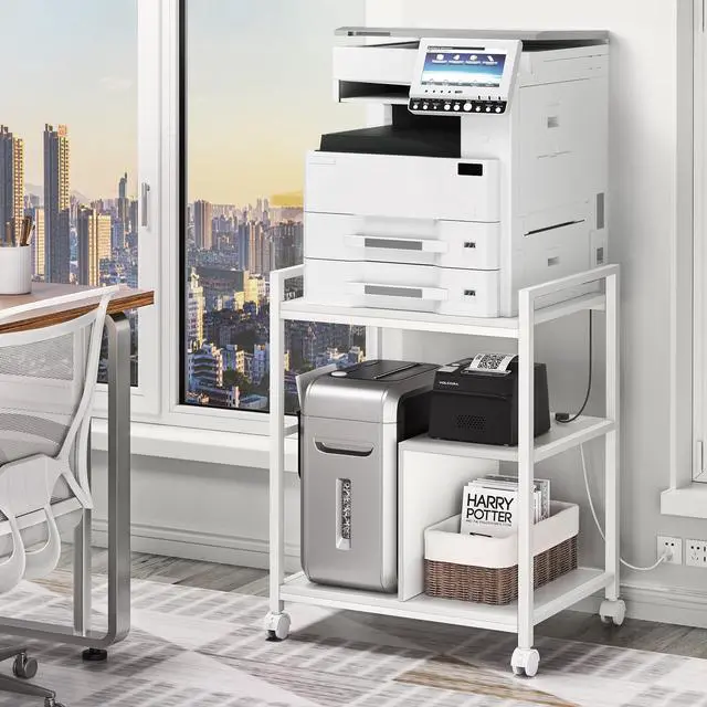 Alt view image 3 of 7 - Printer Stand with Charging Station and USB Ports, Large 3-Tier Mobile Printer Table with Storage Shelf, White Rolling Industrial Printer Cart with Lockable Wheels for Home Office