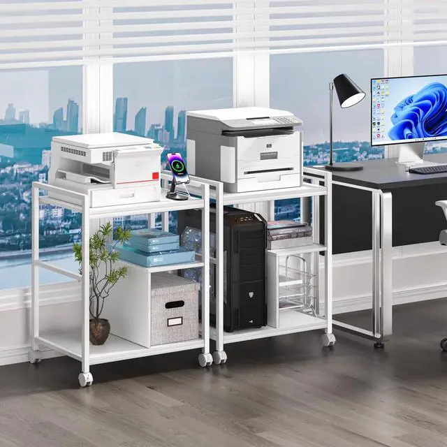 Alt view image 5 of 7 - Printer Stand with Charging Station and USB Ports, Large 3-Tier Mobile Printer Table with Storage Shelf, White Rolling Industrial Printer Cart with Lockable Wheels for Home Office