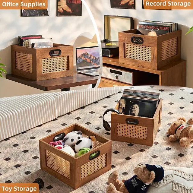 Alt view image 7 of 7 - 2 Pack Vinyl Record Storage Crates, Rattan Vinyl Record Holder with Handle, TeaC Record Crate for Vinyls Holder up to 75 LP's, Desktop Cube Album Storage for Vinyls Records