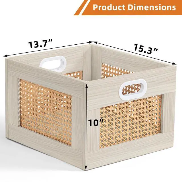 Alt view image 2 of 7 - 2 Pack Vinyl Record Storage Crates, Rattan Vinyl Record Holder with Handle, Grey Natural Wood Record Crate for Vinyls Holder up to 75 LP's, Desktop Cube Album Storage for Vinyls Records
