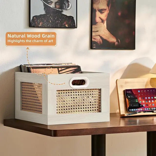 Alt view image 5 of 7 - 2 Pack Vinyl Record Storage Crates, Rattan Vinyl Record Holder with Handle, Grey Natural Wood Record Crate for Vinyls Holder up to 75 LP's, Desktop Cube Album Storage for Vinyls Records