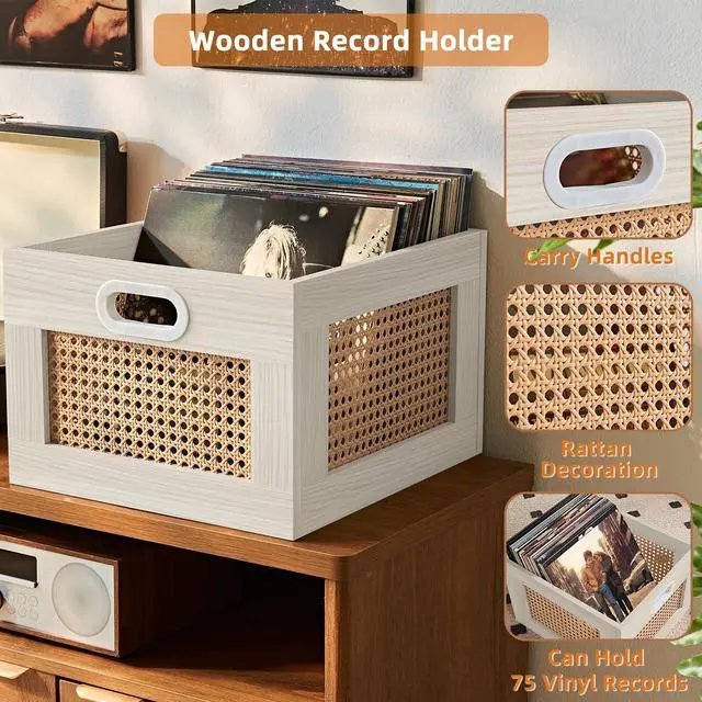 Alt view image 6 of 7 - 2 Pack Vinyl Record Storage Crates, Rattan Vinyl Record Holder with Handle, Grey Natural Wood Record Crate for Vinyls Holder up to 75 LP's, Desktop Cube Album Storage for Vinyls Records